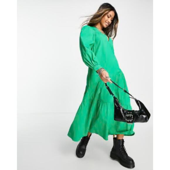 Asos Topshop Green Textured Poplin Chuck On Dress sz 2 - Picture 1 of 11